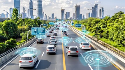 Obraz premium A photograph showcasing a futuristic highway scene with holographic traffic signals integrated into the urban infrastructure