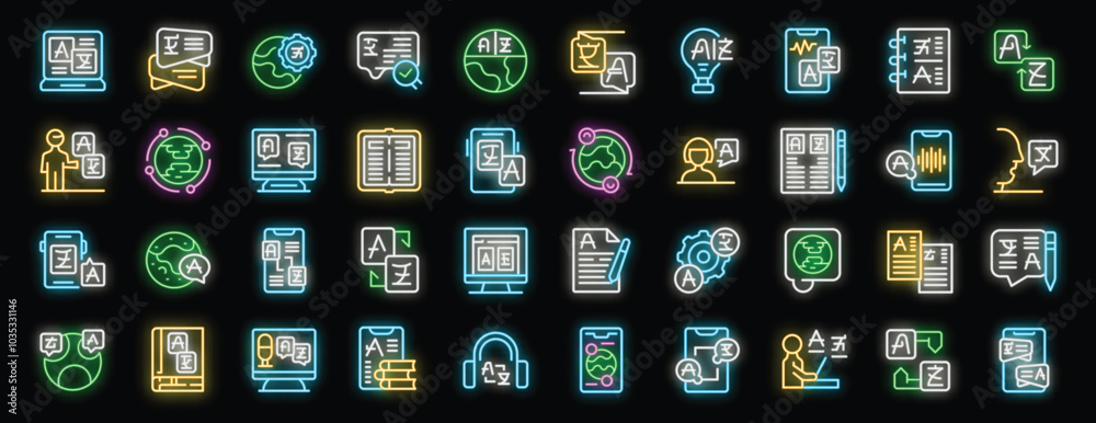 Poster language learning neon icons set vector. foreign language translator application and linguist, inter