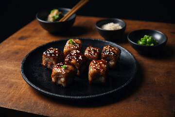 Yakitori served on a black plate on a wooden table. Typical Japanese cuisine