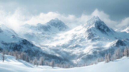 Fototapeta premium A serene winter landscape featuring snow-covered mountains and trees under a cloudy sky.