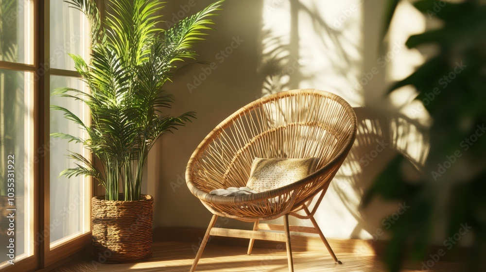 Wall mural Boho style chair with plant decor 3D render