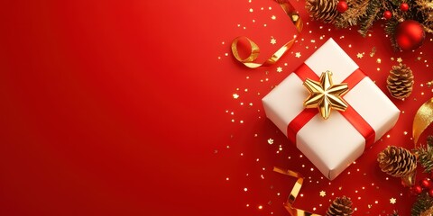 Festive Gift Box on Red Background with Decorations