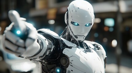 White cyborg pointing his finger 3D rendering. 