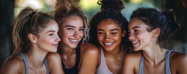 Fototapeta premium Group of female friends laughing cheerfully while sitting outdoors in the city, Generative AI