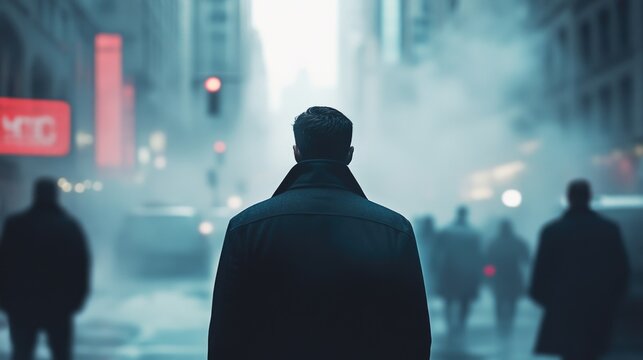 Urban Noir - Mysterious Man Standing on City Street Amidst Fog - Powered by Adobe