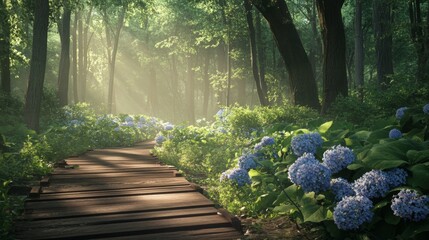 Wooden Path Through Misty