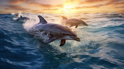 Fototapeta premium Two Dolphins Leaping in the Ocean at Sunset