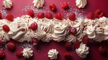 Indulgent dessert tableau featuring swirls of meringue accompanied by fresh raspberries and a touch of sugar. Generative AI