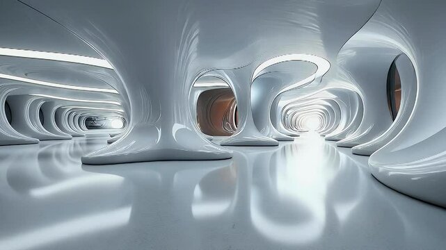 Futuristic interior space with smooth organic shapes and bright lighting creates surreal and innovative atmosphere, emphasizing fluidity and modern aesthetics for captivating experience.