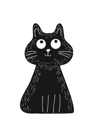 Minimalist black cat in doodle style, hand-drawn, on a white background
