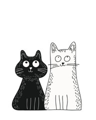 Set of cats in black and white graphic style, doodle style, hand-drawn, on a white background