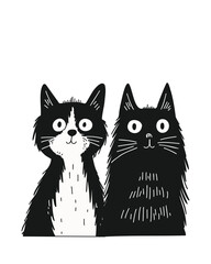 Two black cute cats in black and white cartoon style, doodle style, hand drawn, on a white background