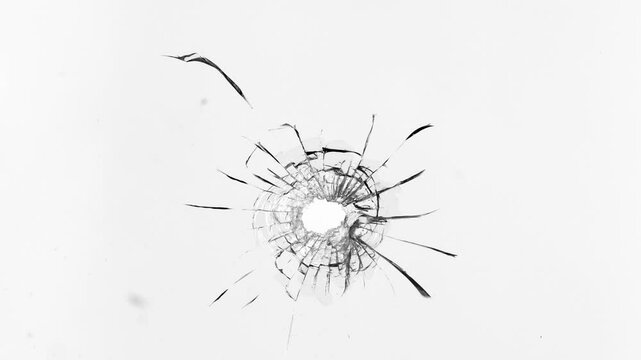 Super slow motion of gunshot through the glass, shattering against white background . Filmed on high speed cinema camera, 1000 fps.