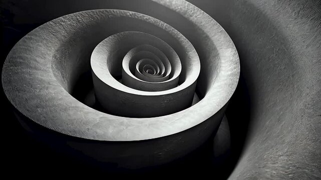 Mesmerizing abstract spiral design resembling rose, crafted from textured gray material, creates captivating visual effect with interplay of light and shadow, enhancing its depth and elegance.