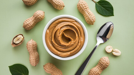 A bowl of peanut butter sits on a table with a spoon and a few peanuts scattered around it. The peanut butter is creamy and rich, and the spoon is ready to be used to scoop it up