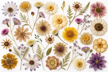 Pressed dried flower pattern isolated on white background