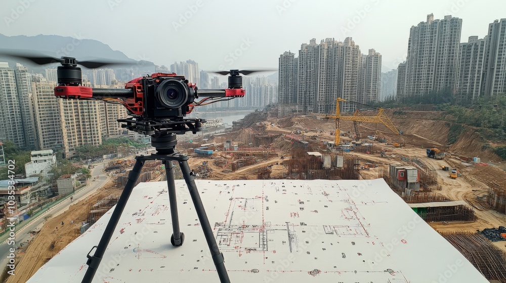 Aufkleber A drone is positioned on a blueprint overlooking an expansive construction site surrounded by towering buildings on a cloudy day. Heavy machinery operates in the background.