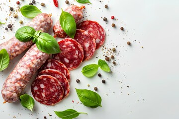 A white plate topped with slices of salamii