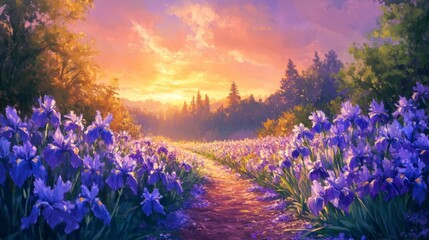 Naklejka premium A Path Through a Field of Purple Iris Flowers at Sunset