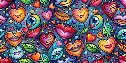 Colorful Doodle Pattern with Hearts and Lips for Modern Backgrounds and Textiles