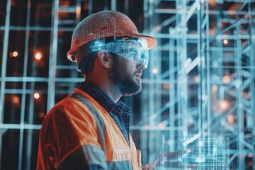 Futuristic Construction Site with Holographic Technology Visualization