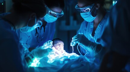 Fototapeta premium A neonatal baby receiving gentle care from a team of nurses in the NICU.