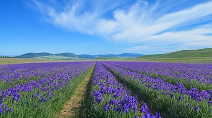 Naklejka premium A Path Through a Field of Purple Irises Against a Blue Sky and Rolling Green Hills