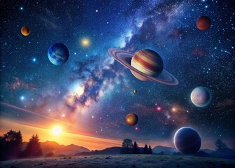 Fototapeta premium Colorful Galactic Landscape with Planets and Twinkling Stars for Stunning Architectural Photography