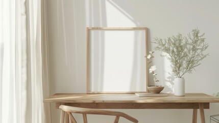 A clean, minimalist desk in a home office with white walls and wood tones. The desk highlights a blank picture frame and a small decorative item. Soft