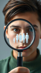 A person looks at family figures through a magnifying glass. The study of family composition, statistics. Birth control and juvenile police. The study of society and the behavior. Marketing isolated
