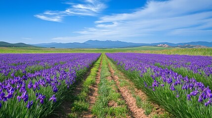 Fototapeta premium A Path Through a Field of Purple Irises with Mountain Views
