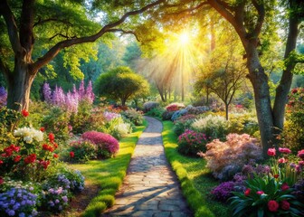 Fototapeta premium Colorful Garden Path in a Serene Park with Blooming Flowers and Lush Greenery for Nature Lovers