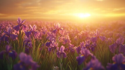 Fototapeta premium A Field of Purple Irises Basking in Golden Sunset Light
