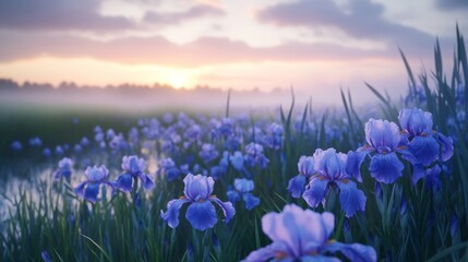 Naklejka premium Purple Iris Flowers in a Field at Sunrise with Fog