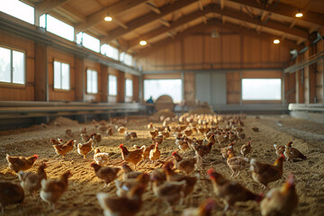 A large group of chickens is seen foraging and roaming freely in a well-lit indoor barn, surrounded by a rustic wooden structure and scattered bedding material on the floor.