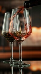 Pouring red wine from bottle.