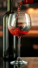 Pouring red wine from bottle.