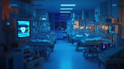 A NICU room filled with incubators and specialized medical equipment.