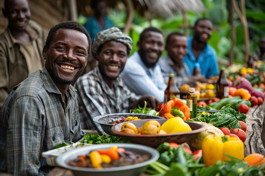 A group of joyful farmers gather at a community market, showcasing a bountiful harvest of colorful vegetables and fruits. Their smiles reflect the pride in their hard work and local produce.