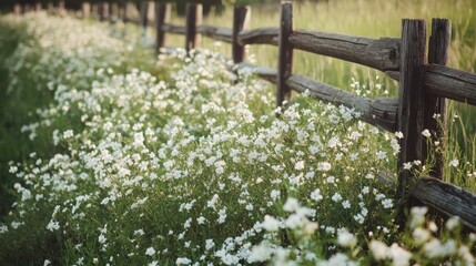 Fototapeta premium A wooden fence bordering a field of white wildflowers
