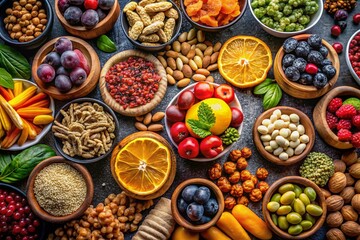 Colorful Healthy Snack Arrangement with Nuts, Fruits, and Seeds on Dark Background for Vibrant Nutrition Appeal