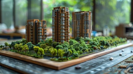 Fototapeta premium A vibrant miniature urban landscape showcases modern architecture and greenery during daylight hours. Generative AI