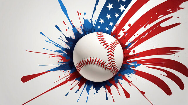 A baseball with a red, white, and blue paint splatter effect, representing the colors of the American flag