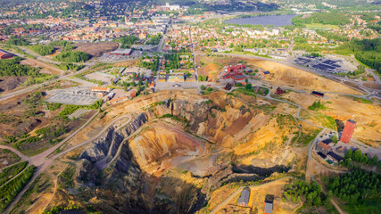 Aerial view of the falun mine with beautiful patterns and greenery, falun, sweden.
