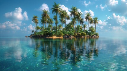 A tranquil tropical island surrounded by crystal clear waters and lush palm trees under a bright blue sky. Generative AI