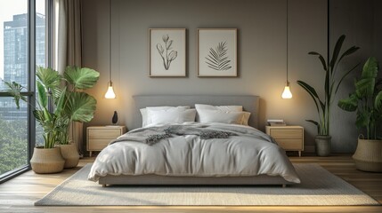 Modern bedroom interior with a large window, a gray bed with white bedding, two nightstands, two hanging light fixtures, and two framed prints with botanical prints.