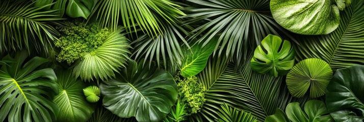 Tropical lush background, Exotic natural backdrop, Vibrant green leaves texture, Jungle foliage