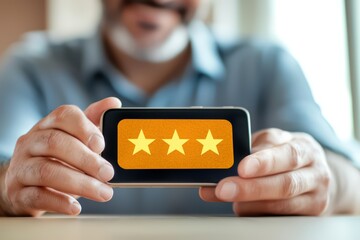 A person holding a smartphone displaying three stars, symbolizing customer feedback and ratings in a business context.