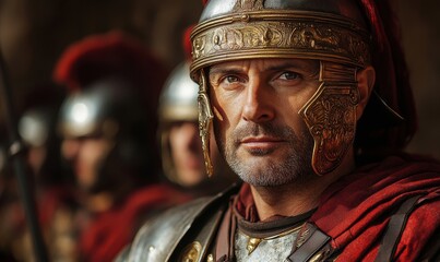 Photorealistic portrait of roman soldiers in armor. Biblical character. Historical character, Generative AI