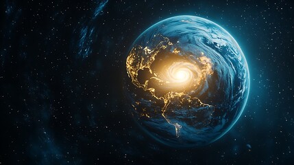 Stunning visual of Earth featuring a dramatic hurricane, surrounded by cosmic beauty. The illuminated land showcases the planet's vibrant atmosphere in space.